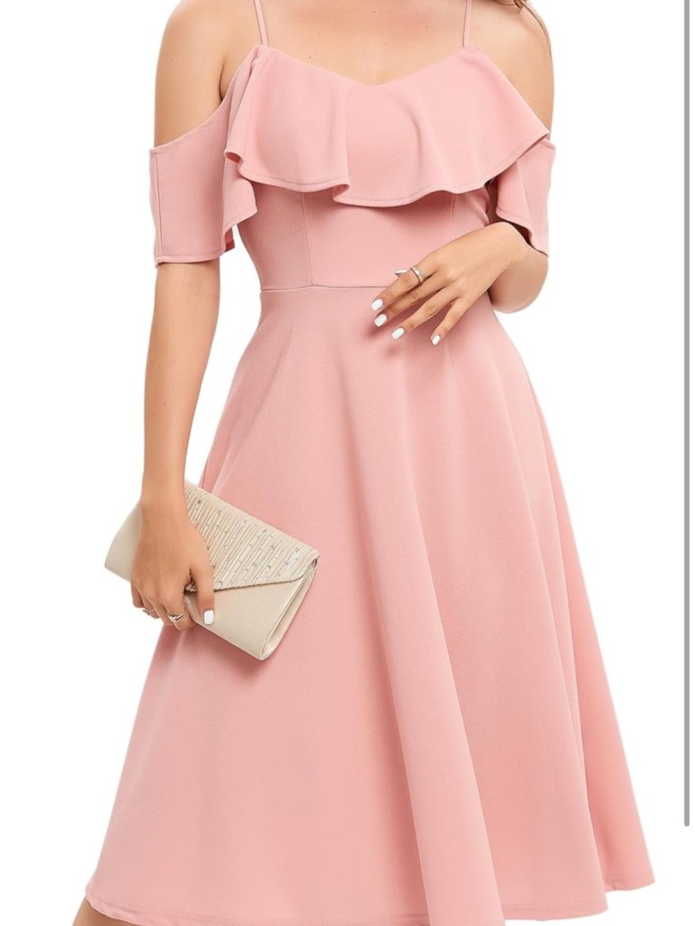 Romantic Cold-Shoulder Midi Dress in Blush Pink